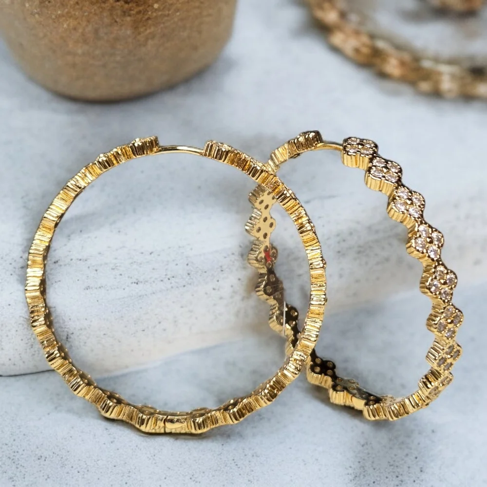18k Gold Plated Clover Zircon Crystal Hoop Earrings